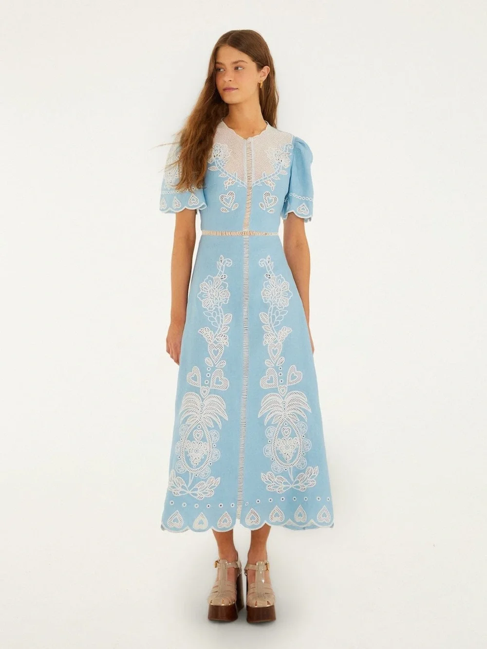 Farm Rio Light Blue Embroiderede Midi Dress - Picture 1 of 11